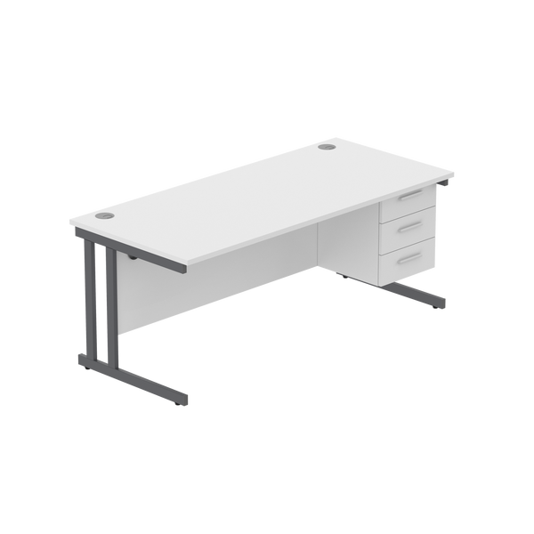 Office Rectangular Desk with Steel Double Upright Cantilever Legs + 3 Drawer Fixed Pedestal (FSC) | 1800X800 | Arctic White/Graphite