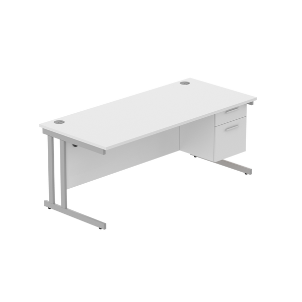 Office Rectangular Desk with Steel Double Upright Cantilever Legs + 2 Drawer Fixed Pedestal (FSC) | 1800X800 | Arctic White/Silver