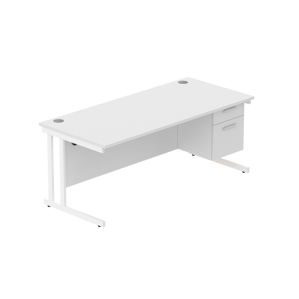 Office Rectangular Desk with Steel Double Upright Cantilever Legs + 2 Drawer Fixed Pedestal (FSC) | 1800X800 | Arctic White/White
