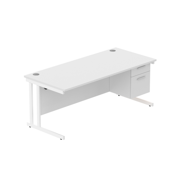 Office Rectangular Desk with Steel Double Upright Cantilever Legs + 2 Drawer Fixed Pedestal (FSC) | 1800X800 | Arctic White/White