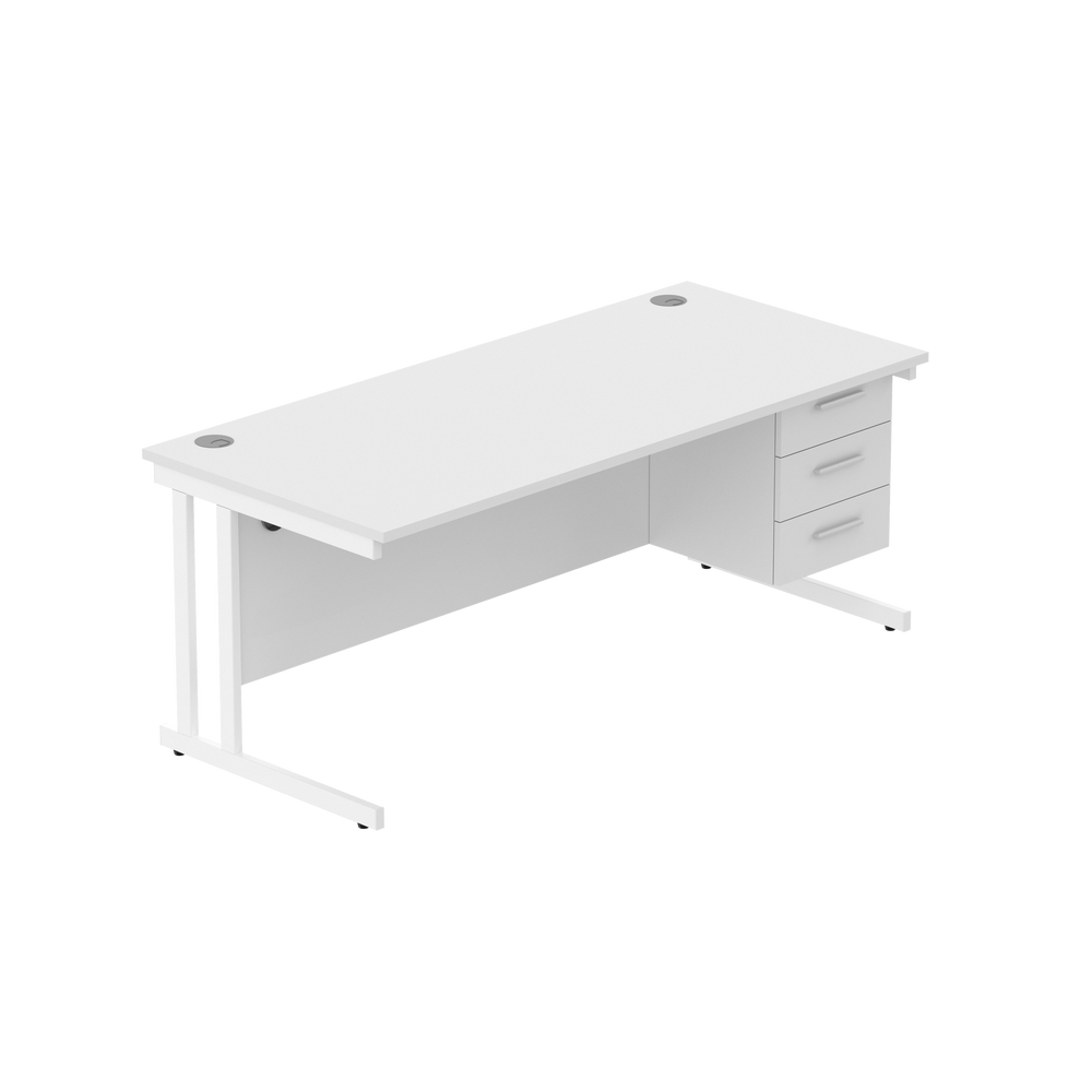 Office Rectangular Desk with Steel Double Upright Cantilever Legs + 3 Drawer Fixed Pedestal (FSC) | 1800X800 | Arctic White/White