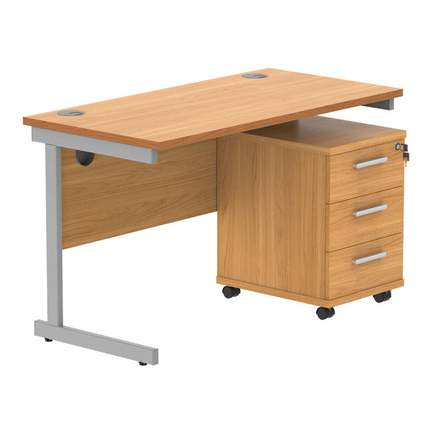 Single Upright Rectangular Desk + 3 Drawer Mobile Under Desk Pedestal (FSC) | 1200 X 600 | Norwegian Beech/Silver