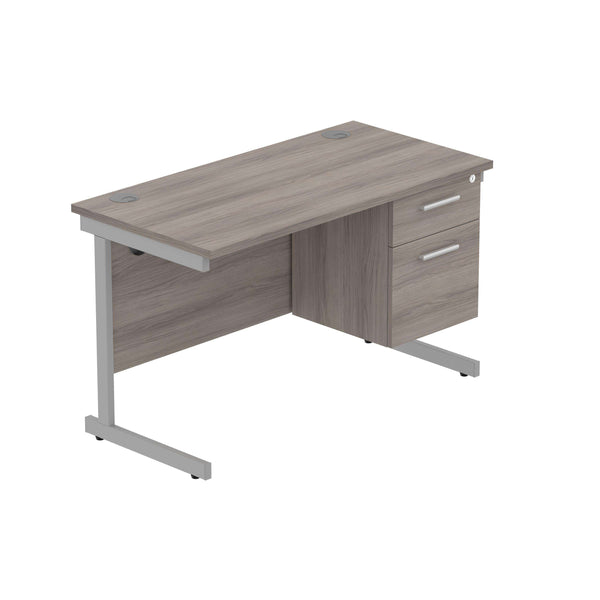 Office Rectangular Desk with Steel Single Upright Cantilever Legs + 2 Drawer Fixed Pedestal (FSC) | 1200X600 | Alaskan Grey Oak/Silver