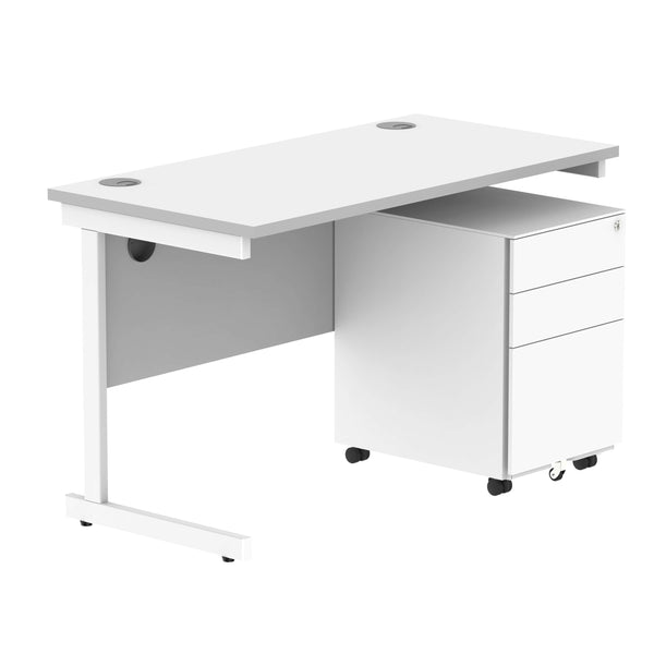 CORE Single Upright Rectangular Desk + Under Desk Steel Pedestal 3 Drawers (FSC) | 1200 X 600 | Arctic White/White