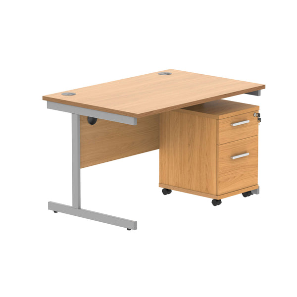 Single Upright Rectangular Desk + 3 Drawer Mobile Under Desk Pedestal (FSC) | 1200 X 800 | Norwegian Beech/Silver