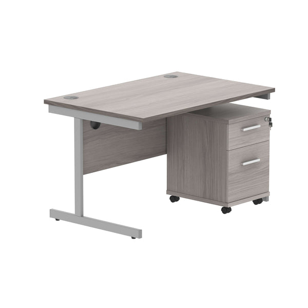 Single Upright Rectangular Desk + 2 Drawer Mobile Under Desk Pedestal (FSC) | 1200 X 800 | Alaskan Grey Oak/Silver