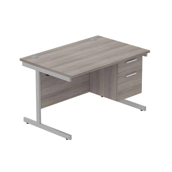 Office Rectangular Desk with Steel Single Upright Cantilever Legs + 2 Drawer Fixed Pedestal (FSC) | 1200X800 | Alaskan Grey Oak/Silver