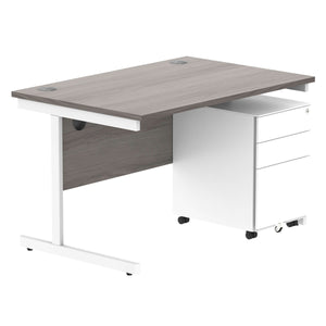 CORE Single Upright Rectangular Desk + Under Desk Steel Pedestal 3 Drawers (FSC) | 1200 X 800 | Alaskan Grey Oak/White