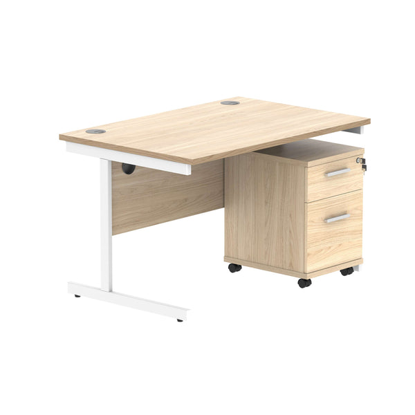 Single Upright Rectangular Desk + 2 Drawer Mobile Under Desk Pedestal (FSC) | 1200 X 800 | Canadian Oak/White