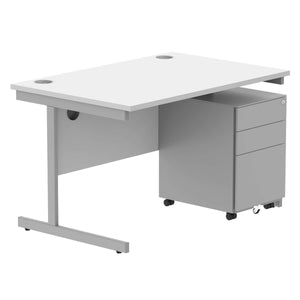 CORE Single Upright Rectangular Desk + Under Desk Steel Pedestal 3 Drawers (FSC) | 1200 X 800 | Arctic White/Silver