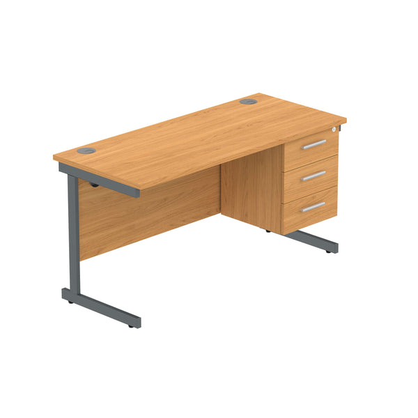 Office Rectangular Desk with Steel Single Upright Cantilever Legs + 3 Drawer Fixed Pedestal (FSC) | 1400X600 | Norwegian Beech/Graphite