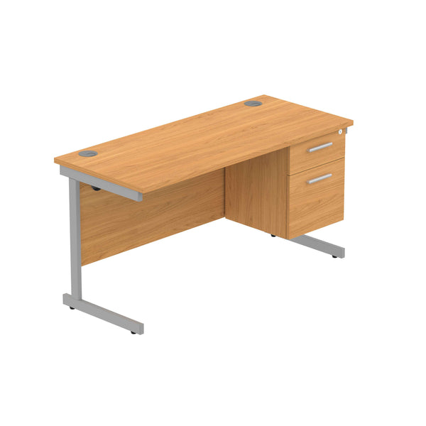 Office Rectangular Desk with Steel Single Upright Cantilever Legs + 2 Drawer Fixed Pedestal (FSC) | 1400X600 | Norwegian Beech/Silver