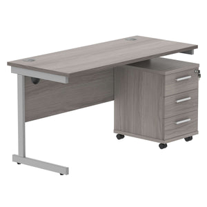 Single Upright Rectangular Desk + 3 Drawer Mobile Under Desk Pedestal (FSC) | 1400 X 600 | Alaskan Grey Oak/Silver