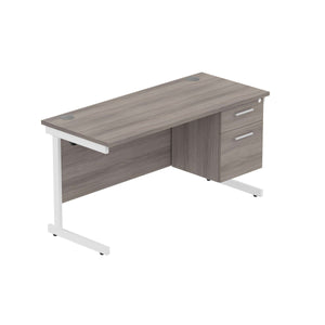 Office Rectangular Desk with Steel Single Upright Cantilever Legs + 2 Drawer Fixed Pedestal (FSC) | 1400X600 | Alaskan Grey Oak/White