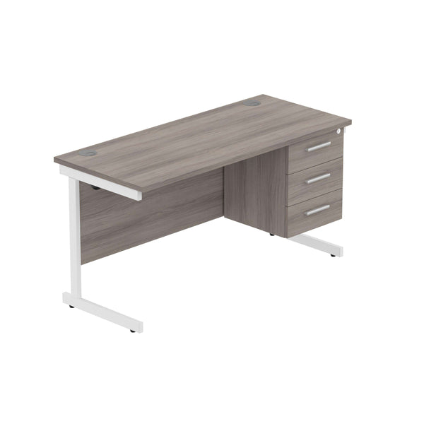 Office Rectangular Desk with Steel Single Upright Cantilever Legs + 3 Drawer Fixed Pedestal (FSC) | 1400X600 | Alaskan Grey Oak/White