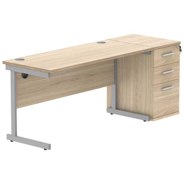 Single Upright Rectangular Desk + Desk High Pedestal (FSC) | 1400 X 600 | Canadian Oak/Silver