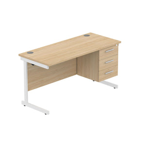 Office Rectangular Desk with Steel Single Upright Cantilever Legs + 3 Drawer Fixed Pedestal (FSC) | 1400X600 | Canadian Oak/White