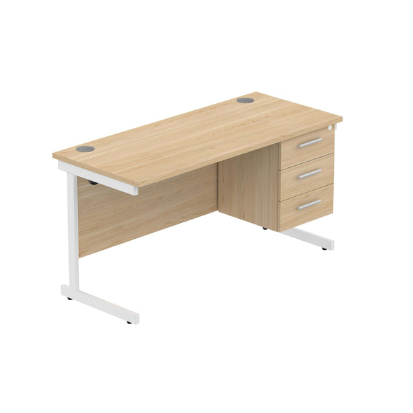 Office Rectangular Desk with Steel Single Upright Cantilever Legs + 3 Drawer Fixed Pedestal (FSC) | 1400X600 | Canadian Oak/White