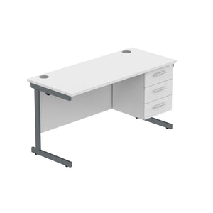 Office Rectangular Desk with Steel Single Upright Cantilever Legs + 3 Drawer Fixed Pedestal (FSC) | 1400X600 | Arctic White/Graphite