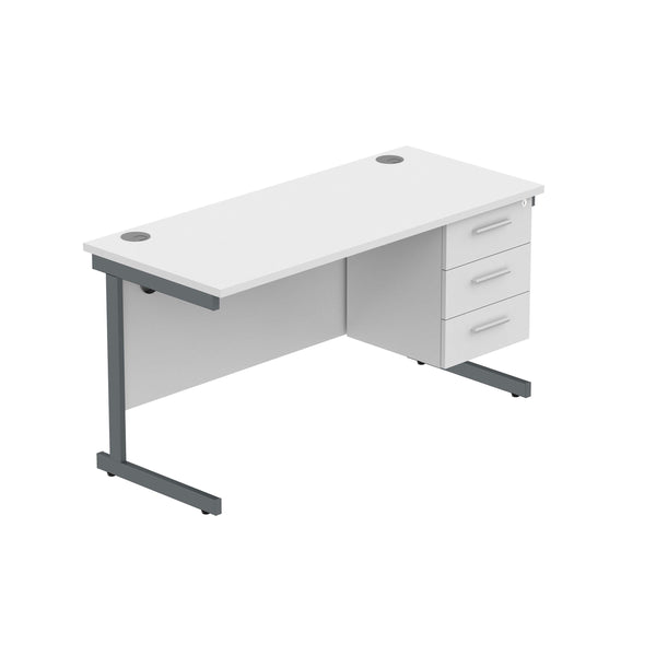 Office Rectangular Desk with Steel Single Upright Cantilever Legs + 3 Drawer Fixed Pedestal (FSC) | 1400X600 | Arctic White/Graphite
