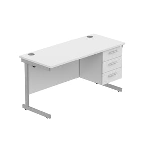 Office Rectangular Desk with Steel Single Upright Cantilever Legs + 3 Drawer Fixed Pedestal (FSC) | 1400X600 | Arctic White/Silver