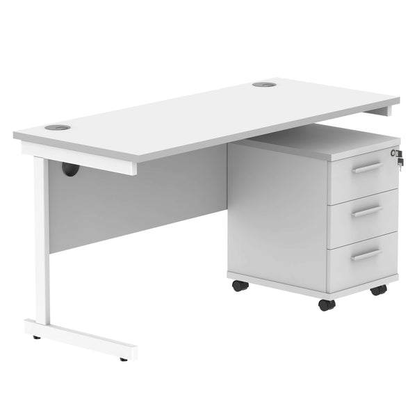 Single Upright Rectangular Desk + 3 Drawer Mobile Under Desk Pedestal (FSC) | 1400 X 600 | Arctic White/White
