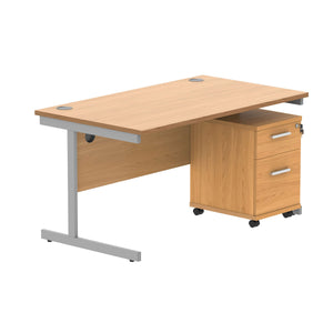 Single Upright Rectangular Desk + 2 Drawer Mobile Under Desk Pedestal (FSC) | 1400 X 800 | Norwegian Beech/Silver