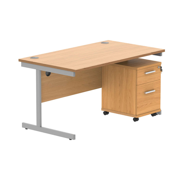 Single Upright Rectangular Desk + 2 Drawer Mobile Under Desk Pedestal (FSC) | 1400 X 800 | Norwegian Beech/Silver