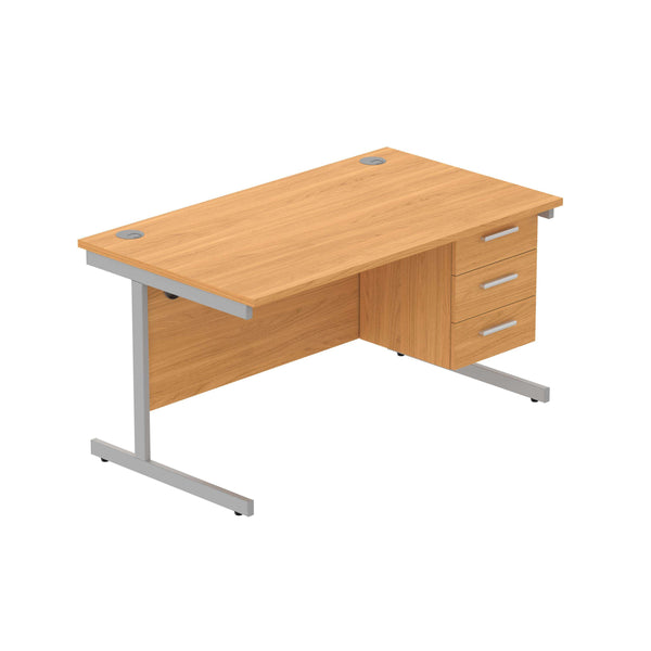 Office Rectangular Desk with Steel Single Upright Cantilever Legs + 3 Drawer Fixed Pedestal (FSC) | 1400X800 | Norwegian Beech/Silver