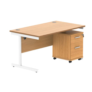 Single Upright Rectangular Desk + 2 Drawer Mobile Under Desk Pedestal (FSC) | 1400 X 800 | Norwegian Beech/White