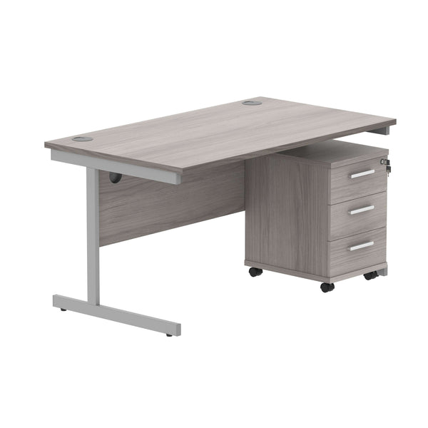 Single Upright Rectangular Desk + 3 Drawer Mobile Under Desk Pedestal (FSC) | 1400 X 800 | Alaskan Grey Oak/Silver