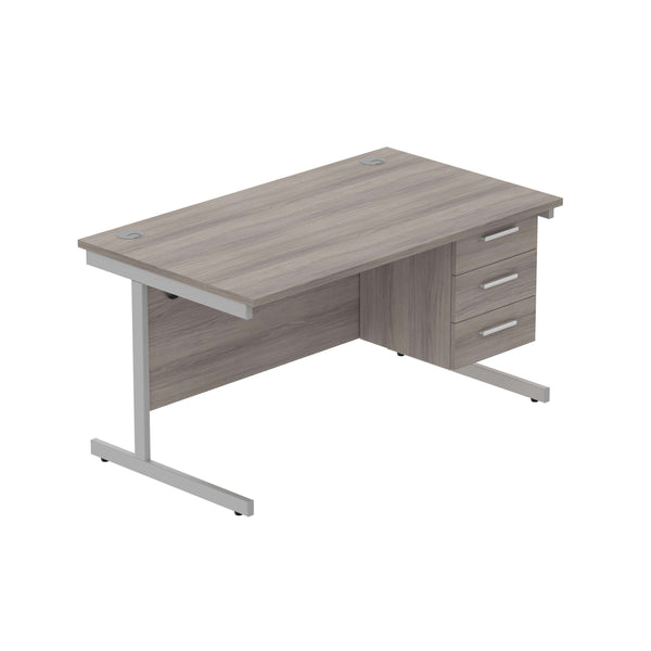 Office Rectangular Desk with Steel Single Upright Cantilever Legs + 3 Drawer Fixed Pedestal (FSC) | 1400X800 | Alaskan Grey Oak/Silver