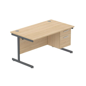 Office Rectangular Desk with Steel Single Upright Cantilever Legs + 2 Drawer Fixed Pedestal (FSC) | 1400X800 | Canadian Oak/Graphite