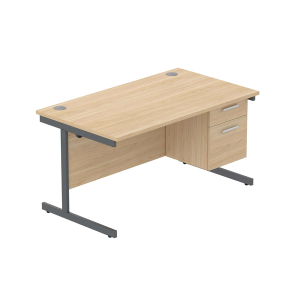 Office Rectangular Desk with Steel Single Upright Cantilever Legs + 2 Drawer Fixed Pedestal (FSC) | 1400X800 | Canadian Oak/Graphite