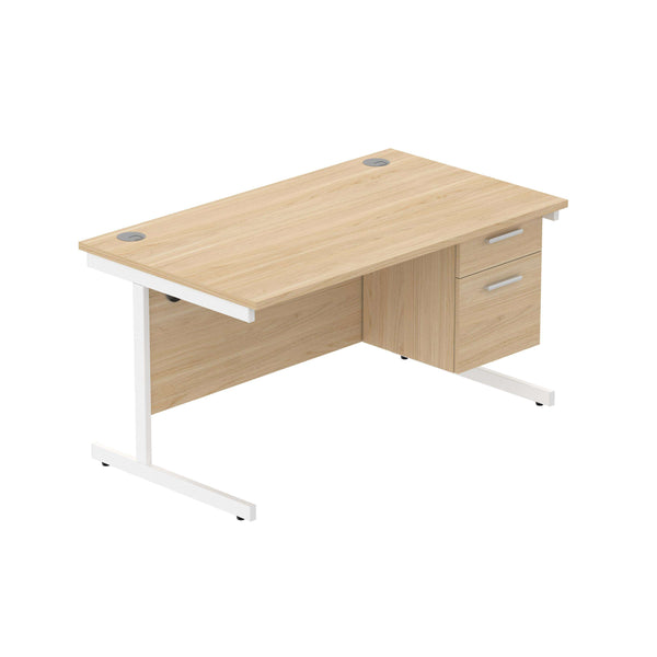 Office Rectangular Desk with Steel Single Upright Cantilever Legs + 2 Drawer Fixed Pedestal (FSC) | 1400X800 | Canadian Oak/White
