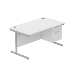 Office Rectangular Desk with Steel Single Upright Cantilever Legs + 2 Drawer Fixed Pedestal (FSC) | 1400X800 | Arctic White/Silver