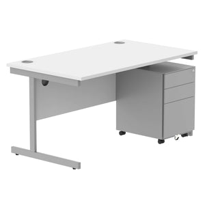 CORE Single Upright Rectangular Desk + Under Desk Steel Pedestal 3 Drawers (FSC) | 1400 X 800 | Arctic White/Silver