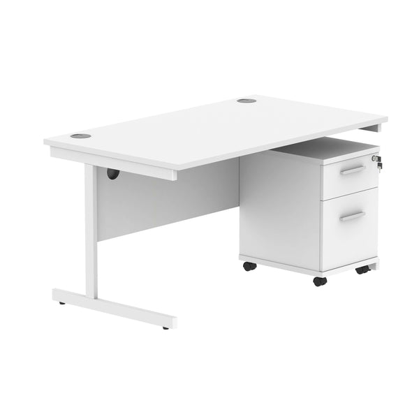 Single Upright Rectangular Desk + 2 Drawer Mobile Under Desk Pedestal (FSC) | 1400 X 800 | Arctic White/White