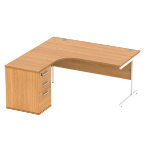 Single Upright Left Hand Radial Desk + Desk High Pedestal (FSC) | 600mm Deep Pedestal | 1600 X 1200 | Norwegian Beech/White