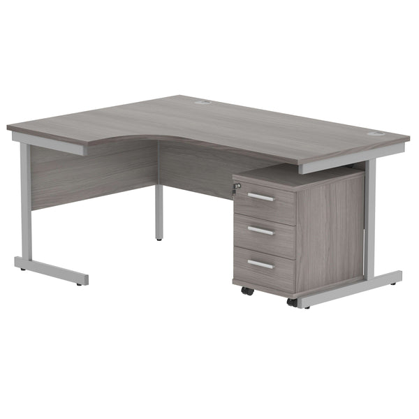 Single Upright Left Hand Radial Desk + 3 Drawer Mobile Under Desk Pedestal (FSC) | 1600 X 1200 | Alaskan Grey Oak/Silver