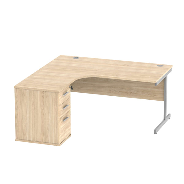 Single Upright Left Hand Radial Desk + Desk High Pedestal (FSC) | 600mm Deep Pedestal | 1600 X 1200 | Canadian Oak/Silver