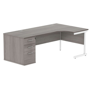 Single Upright Right Hand Radial Desk + Desk High Pedestal (FSC) | 800mm Deep Pedestal | 1600 X 1200 | Alaskan Grey Oak/White