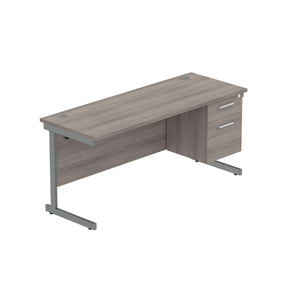 Office Rectangular Desk with Steel Single Upright Cantilever Legs + 2 Drawer Fixed Pedestal (FSC) | 1600X600 | Alaskan Grey Oak/Graphite