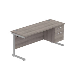 Office Rectangular Desk with Steel Single Upright Cantilever Legs + 2 Drawer Fixed Pedestal (FSC) | 1600X600 | Alaskan Grey Oak/Silver