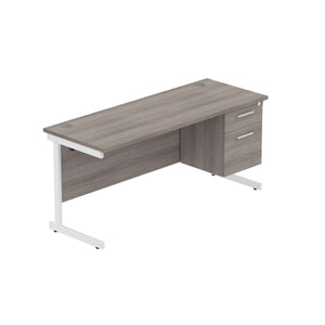 Office Rectangular Desk with Steel Single Upright Cantilever Legs + 2 Drawer Fixed Pedestal (FSC) | 1600X600 | Alaskan Grey Oak/White