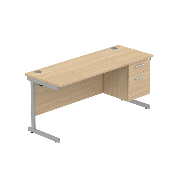 Office Rectangular Desk with Steel Single Upright Cantilever Legs + 2 Drawer Fixed Pedestal (FSC) | 1600X600 | Canadian Oak/Silver