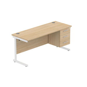 Office Rectangular Desk with Steel Single Upright Cantilever Legs + 3 Drawer Fixed Pedestal (FSC) | 1600X600 | Canadian Oak/White