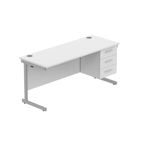 Office Rectangular Desk with Steel Single Upright Cantilever Legs + 3 Drawer Fixed Pedestal (FSC) | 1600X600 | Arctic White/Silver