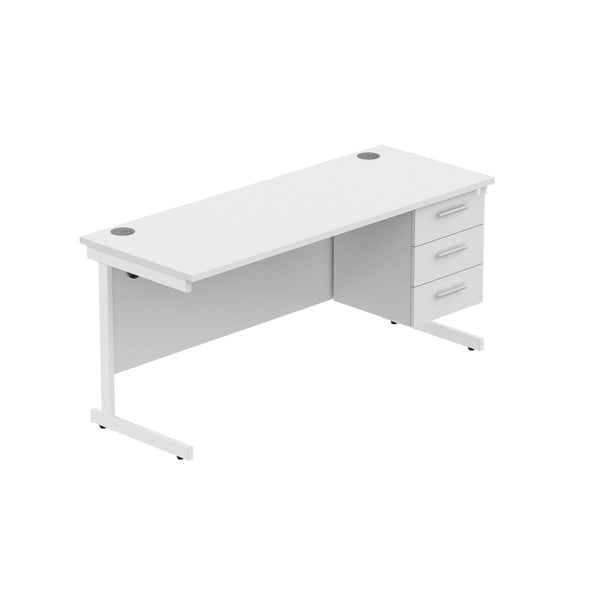 Office Rectangular Desk with Steel Single Upright Cantilever Legs + 3 Drawer Fixed Pedestal (FSC) | 1600X600 | Arctic White/White