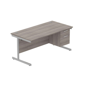Office Rectangular Desk with Steel Single Upright Cantilever Legs + 2 Drawer Fixed Pedestal (FSC) | 1600X800 | Alaskan Grey Oak/Silver